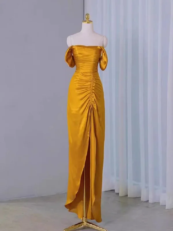 elegant evening dressSheath Off The Shoulder Yellow Pleated Prom Dress Slit Evening Dress Y7598