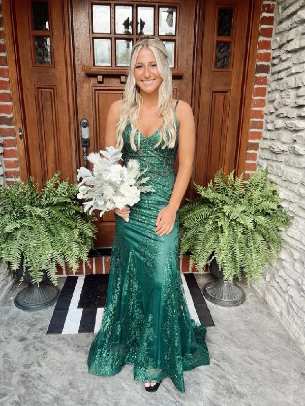 v-neck dressElegant Emerald Green Mermaid Prom Dress,Senior Prom Gown Y7301