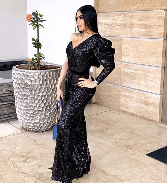 Must-Have Deals fitted bodycon dressBlack Sequins One Sleeve Mermaid Prom Dress,Black Evening Dress Y5880
