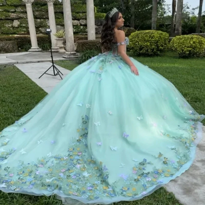 Act Now backless dressLight Green Quinceanera Dress Ball Gown 3D Butterfly Applique Beading Tull Corset
