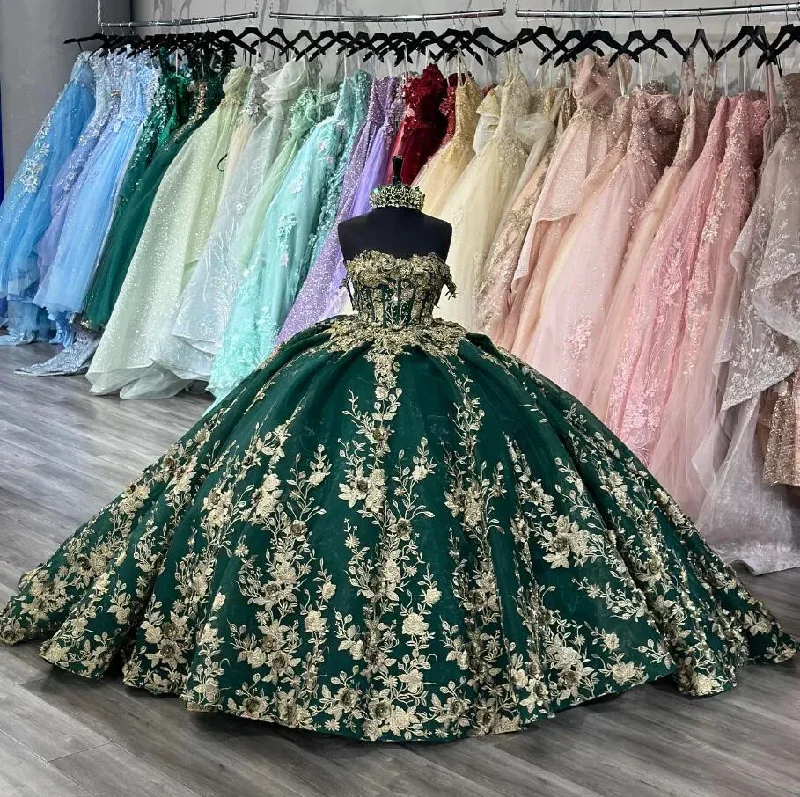 Special Buy backless dressEmerald Goddess Charro Queen Quinceanera Dresses Gold Applique Off Shoulder vestidos de 15 años Lace-up Prom Sweet 16