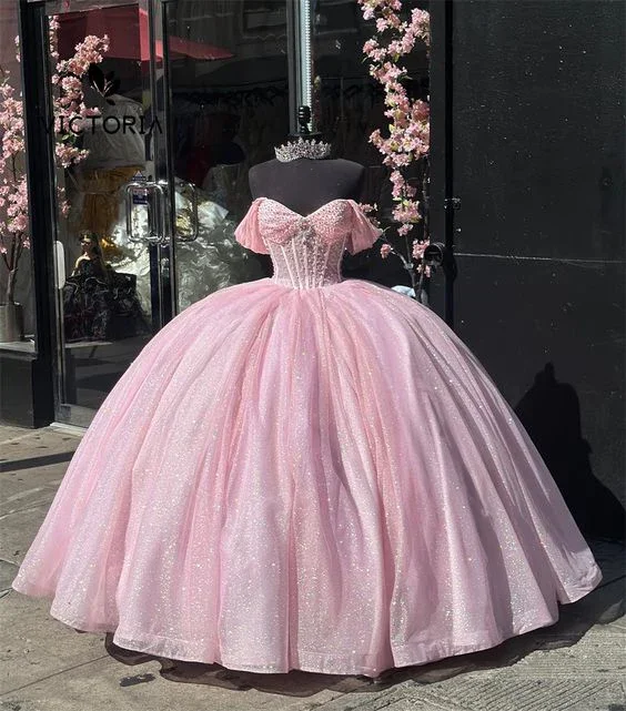 trendy bodycon dressGlitter Off The Shoulder Pink Tulle Beaded Ball Gown Quinceanera Dress  Y7462