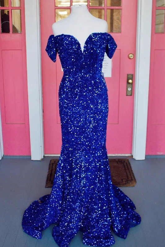 trendy mini dressOff the Shoulder Royal Blue Sequins Mermaid Long Formal Dress