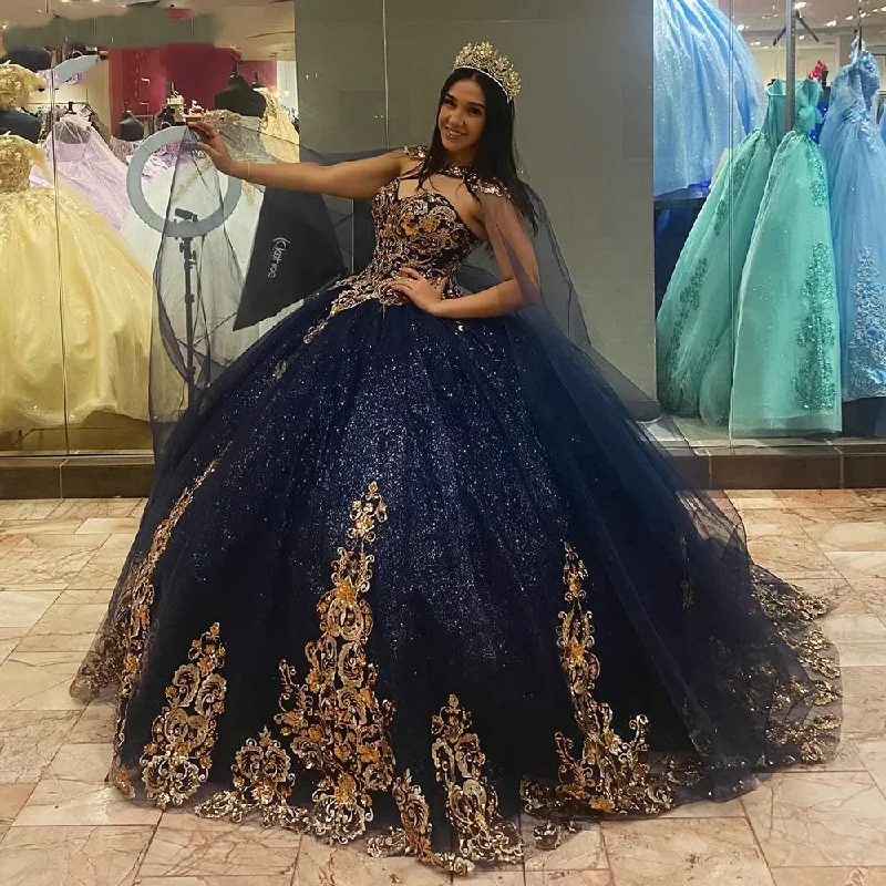 backless dressBlue Quincenara Dress 3D Flowers Applique Lace Ball Gown With Cape Corset Sweet 16 Vestidos De XV Años