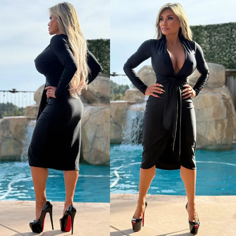 Limited Time Offer sleek dressConnie's LIMITED "SOPHISTICATED VIXEN 🍸NIGHT OUT🍸 MIDI" SHINY SHEEN BLACK EXTREME PLUNGE, Super Stretch fit