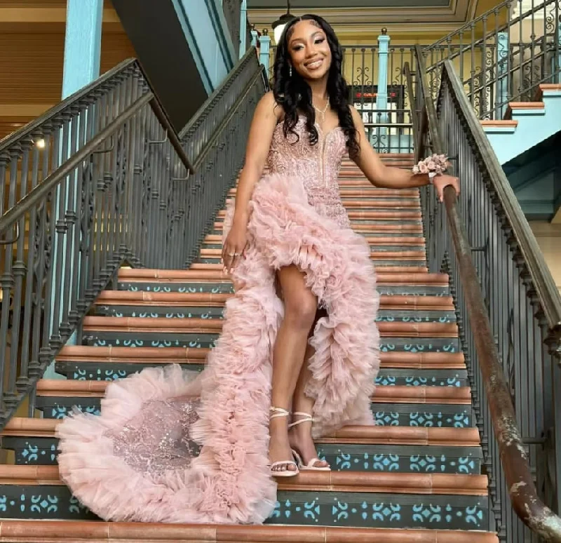 stylish dressGlitter Rose Pink Ruffles Prom Dress For Black Girls Crystals Diamond Rhinestone Beaded High Slit Party Gala Gown