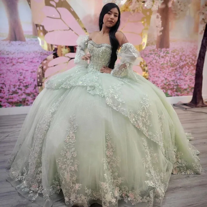 Flash Sale winter dressGillter Mint Green Mexico robes de soirée Long Sleeve Sweetheart Sweet 16 Dress Appliques Lace Bead vestidos quinceañera 2024 Flash Sale winter dressGillter Mint Green Mexico robes de soirée Long Sleeve Sweetheart Sweet 16 Dress Appliques Lace Bead vestidos quinceañera 2024
