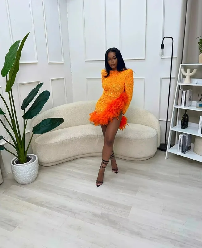 casual dressLuxury Orange Short Prom Dresses 2024 Long Sleeves Feathers Sequins Gown For Black Girls Birthday Senior Party Gowns