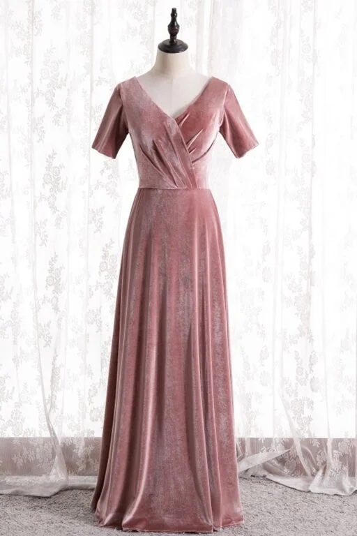 Unbeatable Prices midi dressBlush Velvet Long Party Dress with Short Sleeves