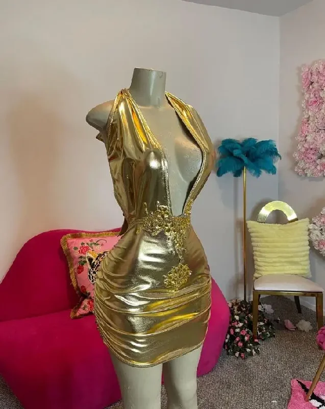 Weekend Special fitted bodycon dressGold Luxury Mini Evening Cocktail Dress for Women Halter Crystal Gillter Black Girl Birthday Queen Gown vestido xv años