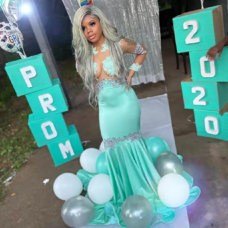Price Buster playful dressMint Green African Prom Birthday Dresses for Women Long Sleeve Sheer Mesh Celebirty Evening Gown Black Girl Crystal Applique