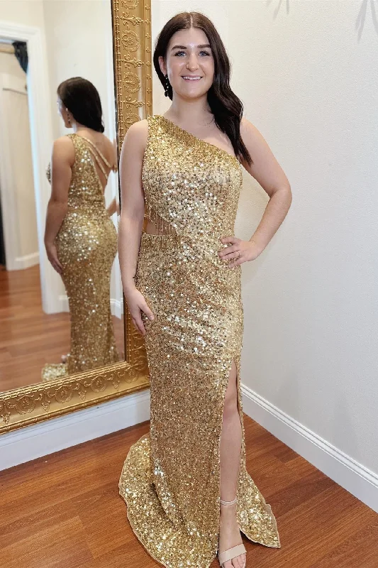 lace dressGold One Shoulder Sequins Straps Cut-Out Long Prom Dress with Slit