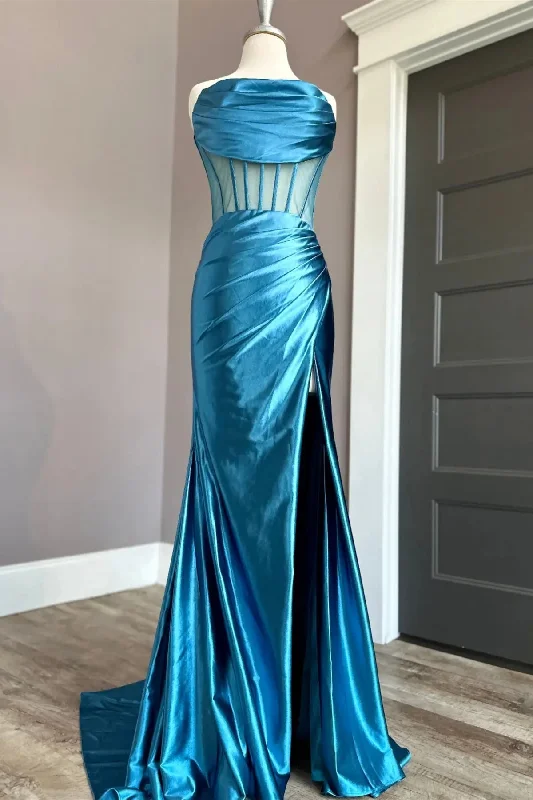 casual evening dressBlue Satin Strapless Pleated Mermaid Long Prom Dress with Slit