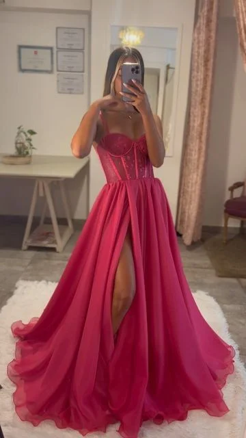 knit dressHot Pink A Line Lace Bodice Side Slit Prom Dress Evening Gowns Y6808