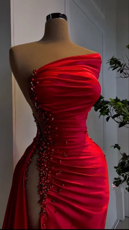 spaghetti strap dressCharming Red Satin Long Evening Dress with High Slit Y4115