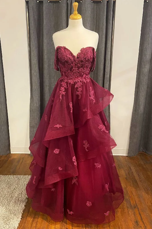 off-the-shoulder dressWine Floral Lace Strapless A-Line Tiered Prom Dress