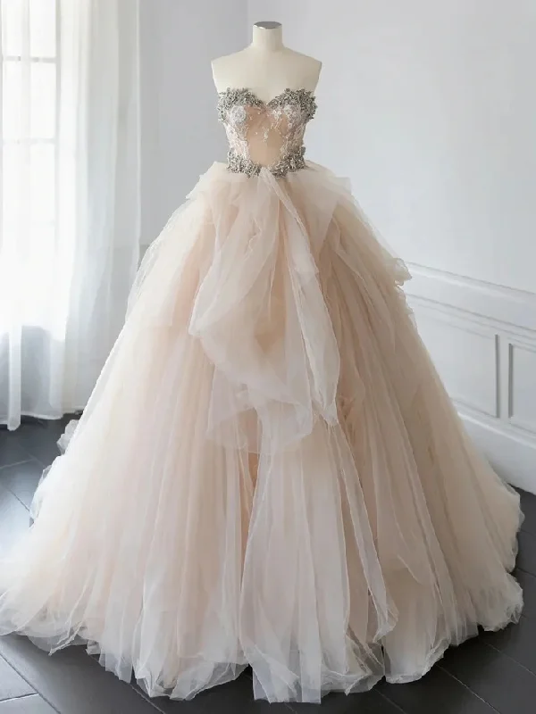 party-ready dressBeautiful Champagne Tulle Beaded Ball Gown Sweet Wedding Dress Y7744