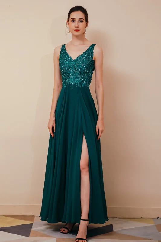 long-sleeve floral dressGreen A-line Chiffon and Lace Appliques Long Prom Dress