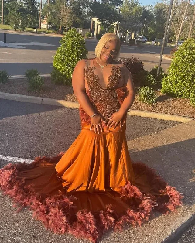 knit dressBrown Long Mermaid Evening Recemony Party Dresses for Black Girl Plus Size luxury Diamond Crystal Feather Prom Gala Gown