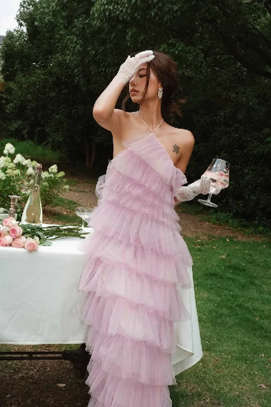 Loyalty Reward long-sleeve floral dressElegant Halter Layered Tulle Prom Dress