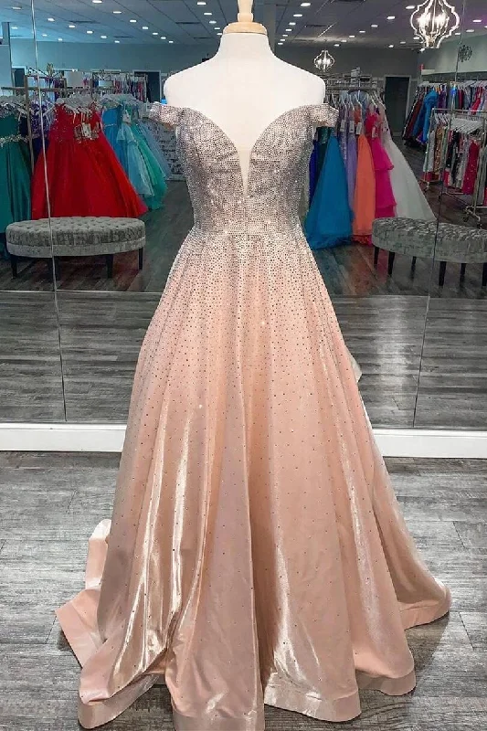 bohemian dressOff the Shoulder Beaded Satin Long Prom Gown