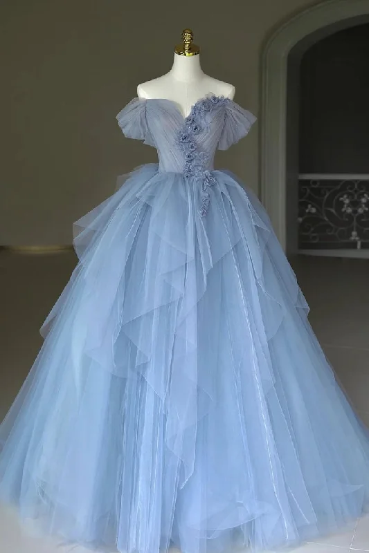 ruched dressFairy Tulle Appliques Prom Dress Blue Ball Gown Birthday Dress Y7682