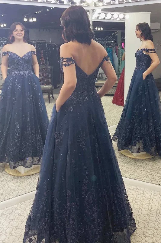 wrap-around dressNavy Floral Lace Off-the-Shoulder A-Line Prom Dress with Pockets