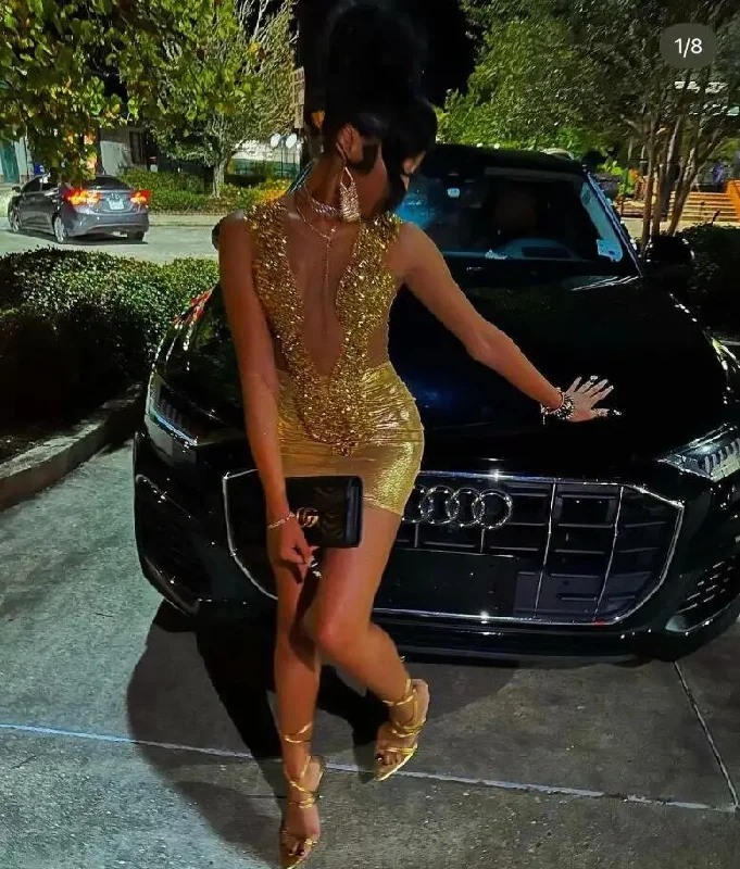Midnight Madness statement dressSparkly Gold Mini Evening Cocktail Dress 2024 Luxury Diamond Crystal Black Girl Birthday Party Gown vestidos de graduación