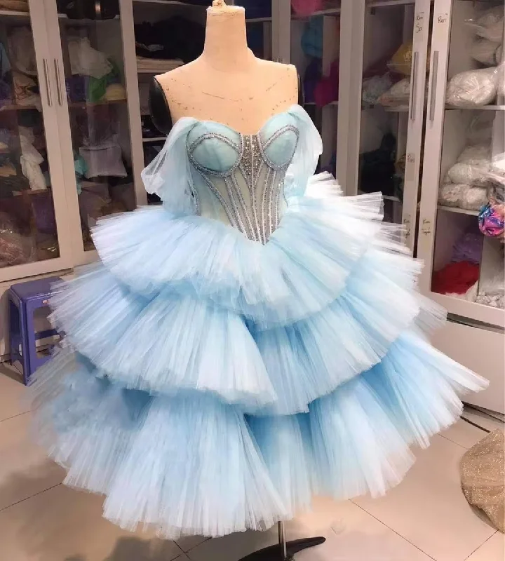 bohemian dressFluffy Sky Blue Tulle Women Dresses To Birthday Party See Thru Coset Beaded Tulle Prom Gowns Sweatheart Ankle Length Tull Gowns