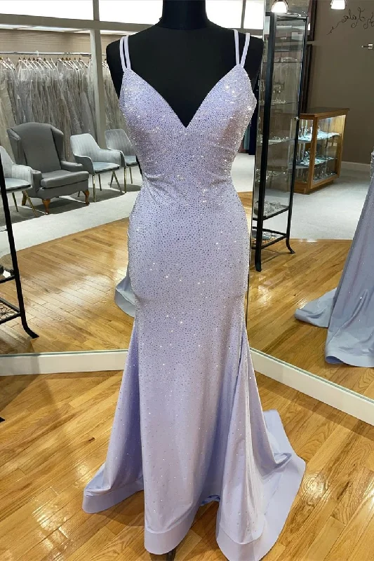 casual shift dressGorgeous Lavender Beaded Mermaid Long Formal Dress