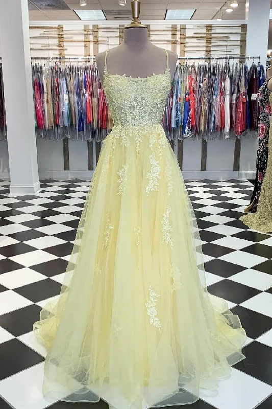 Amazing Deals vintage dressElegant Appliques Lace-Up Back A-Line Yellow Long Prom Dress