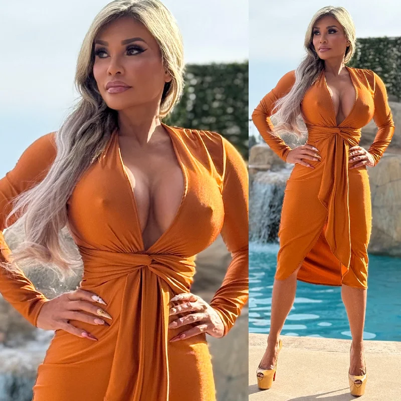 While Supplies Last v-neck dressConnie's LIMITED "SOPHISTICATED VIXEN 🍸NIGHT OUT🍸 MIDI" SHINY SHEEN BRONZE RUST EXTREME PLUNGE, Super Stretch fit