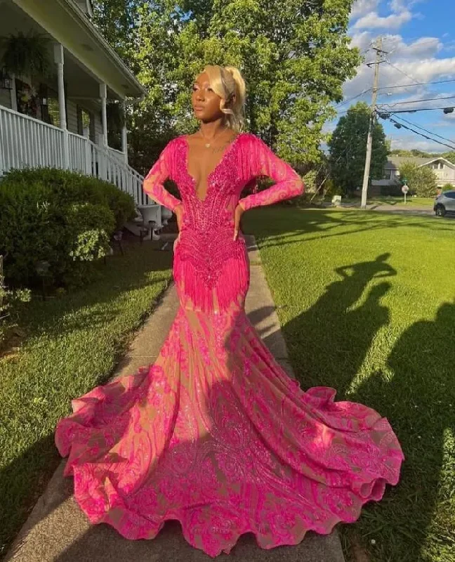 Steals and Deals pleated dressFuchsia Pink Sparkly Long Sleeve Evening Formal Dresses for Black Girl Luxury Diamond Tassel African Prom Gala Gown Birthday