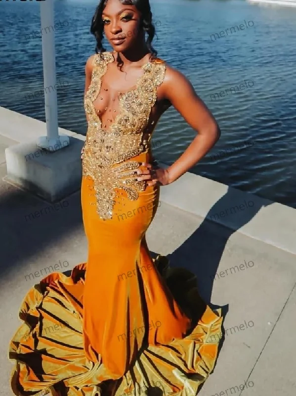 floral wrap dressCustomized Orange Velvet Diamonds Prom Dress For Black Girls Gold Crystal Rhinestone Beaded Party Gala Gowns