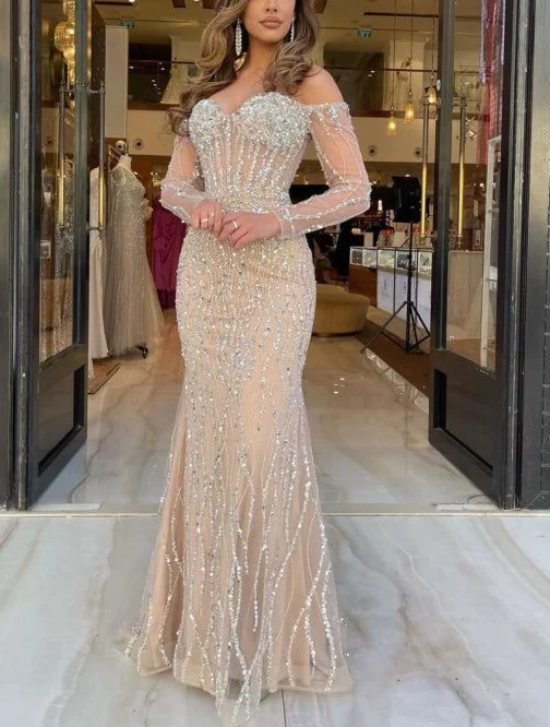 high-waisted dressLuxury Sweetheart Long Strapless Beading Tulle Prom Dress Mermaid Evening Gown Y7629