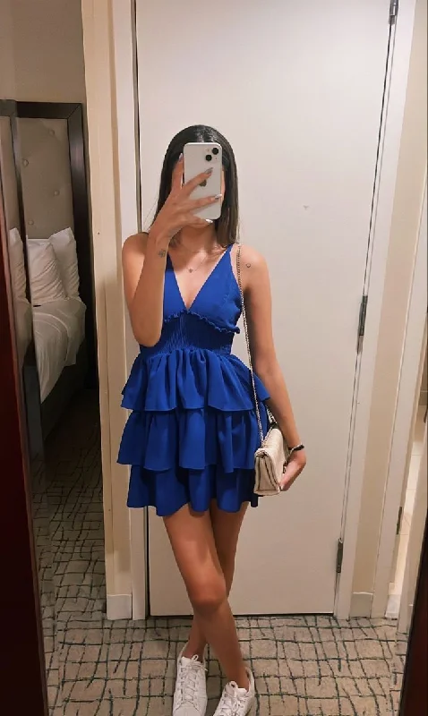 casual slip dressBlue V Neck Layered A Line Homecoming Dress Mini Party Dress Y7596