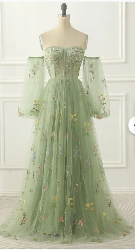 Exclusive Access stylish party dressGreen Tulle Off the Shoulder A-line Prom Dress with Floral Embroidery Y6790 Exclusive Access stylish party dressGreen Tulle Off the Shoulder A-line Prom Dress with Floral Embroidery Y6790