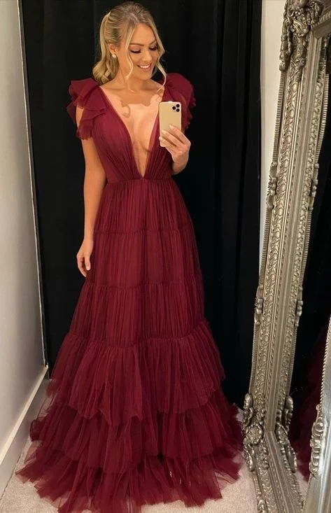 Exclusive Access fitted dressA-line Deep V Neck Tulle Evening Dress Y5931
