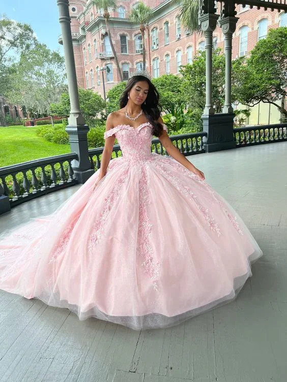 form-fitting dressPretty Pink Tulle Appliques Prom Dress Quinceanera Dress Brithday Ball Gown  Y7476