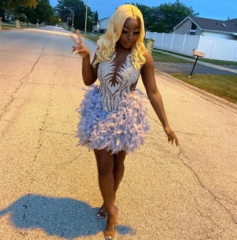 Buy Now bohemian dressLilac Sheer Feather Crystals Short Prom Dresses For Black Girls Sexy Women African Cocktail Dresses Birthday Party Homecoming