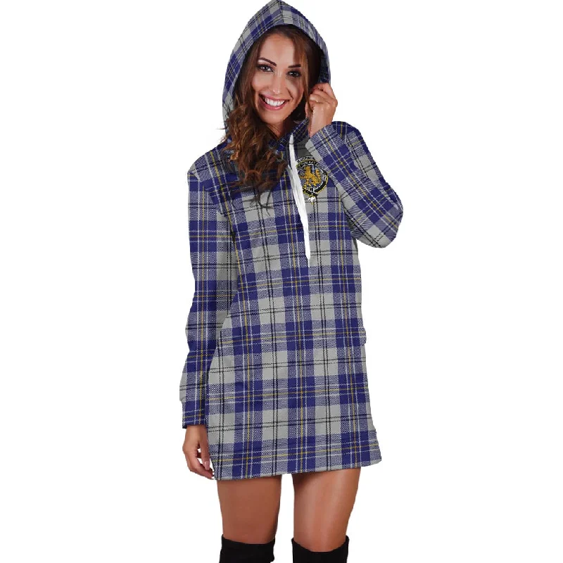 Limited Time Offer MacPherson Dress Blue Tartan Hoodie Dress with Family Crest