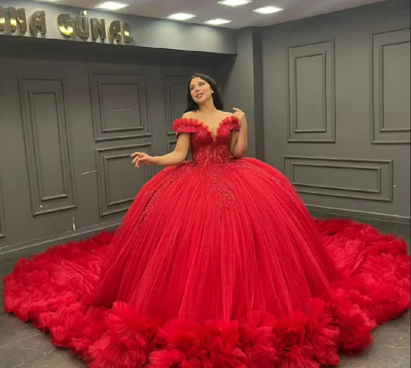 summer floral dressMexico Red Off The Shoulder Quinceanera Dresses Ball Gown Bead Appliques 2024 Birthday Luxury Dress Ruffles Graduation Gown