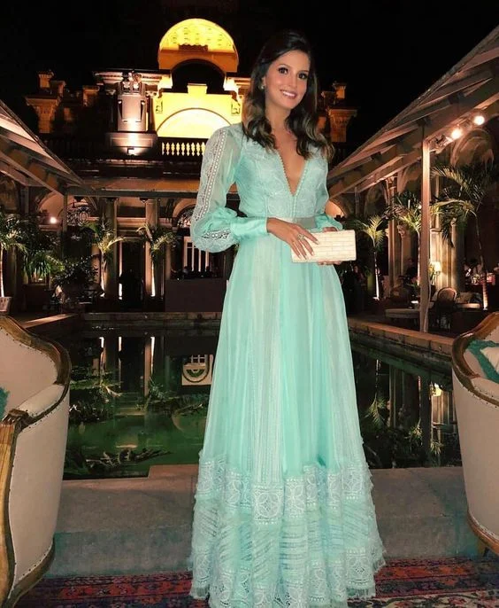 Best Deals satin dressA-line V Neck Long Sleeves Evening Dress,Fashion Evening Gown Y6306
