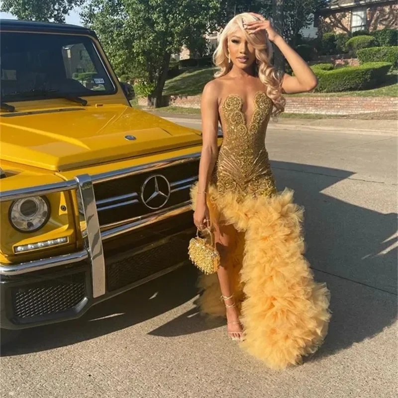 casual day dressCharming Gold Crystal Prom Dresses Beads Ruffle Tutu Skirt Rich Girls Formal Evening Gowns Maxi Birthday Party