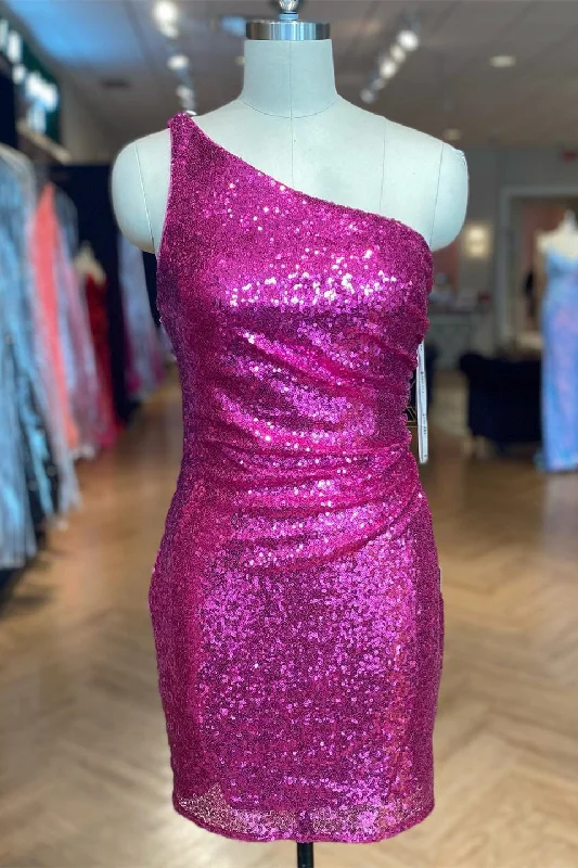 comfy maxi dressFuchsia Sequins Sheath One Shoulder Homecoming Dress