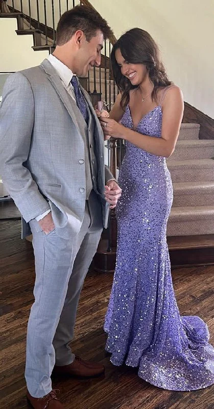 Blowout Sale flowy maxi dressElegant Purple Sequins Mermaid Prom Dress,Winter Dance Dress