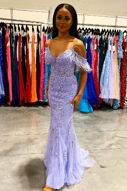 casual shift dressLavender Appliques Feather Mermaid Long Prom Dress