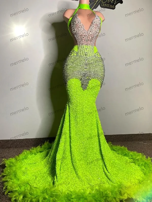 flowy maxi dressGreen African American Prom Dresses Mermaid V-neck Sequins Beaded Feather Black Girls Evening Dresses Gown