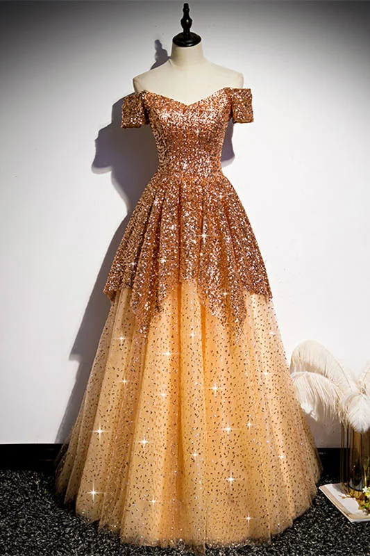 New Deals comfy maxi dressGlitter Offt the Shoulder Orange Prom Dress