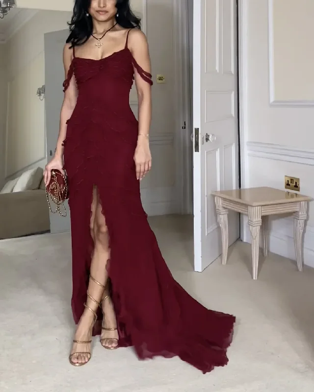 Super Deal minimalistic dressWine Red Off Shoulder Straps Multi-layered Ruffles Long Prom Dress Super Deal minimalistic dressWine Red Off Shoulder Straps Multi-layered Ruffles Long Prom Dress